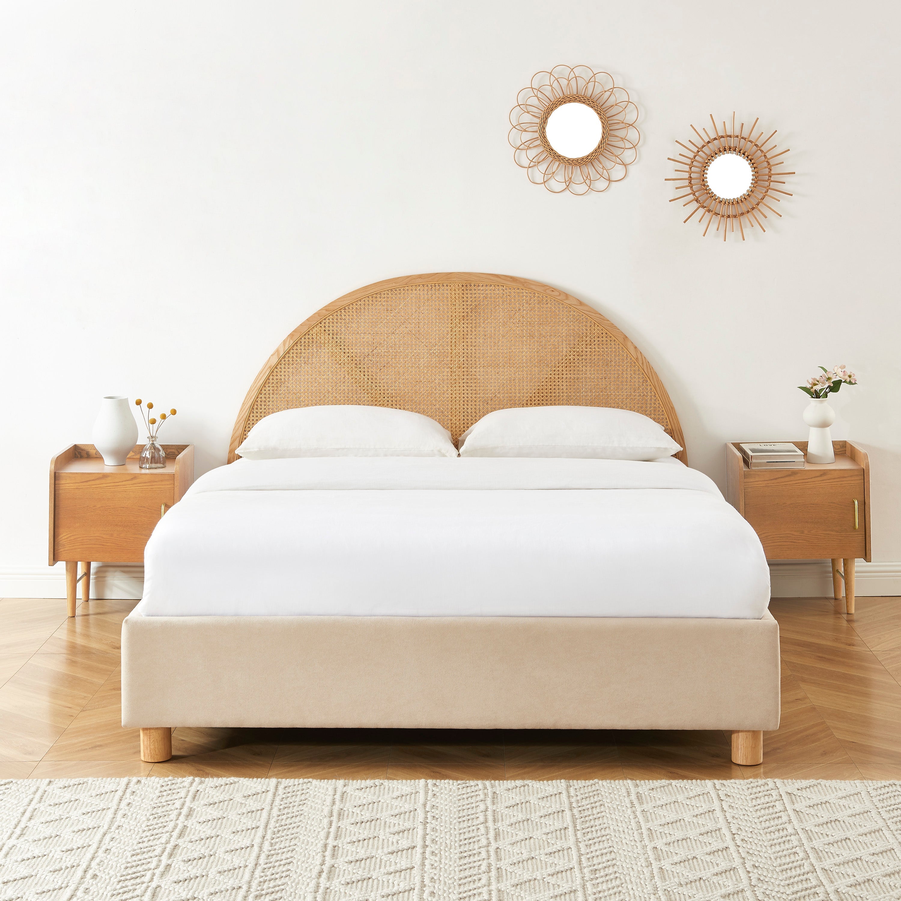 Lit Coffre Tsuki - Velours Beige Sable Cannage Sommier - Sommier Inclus