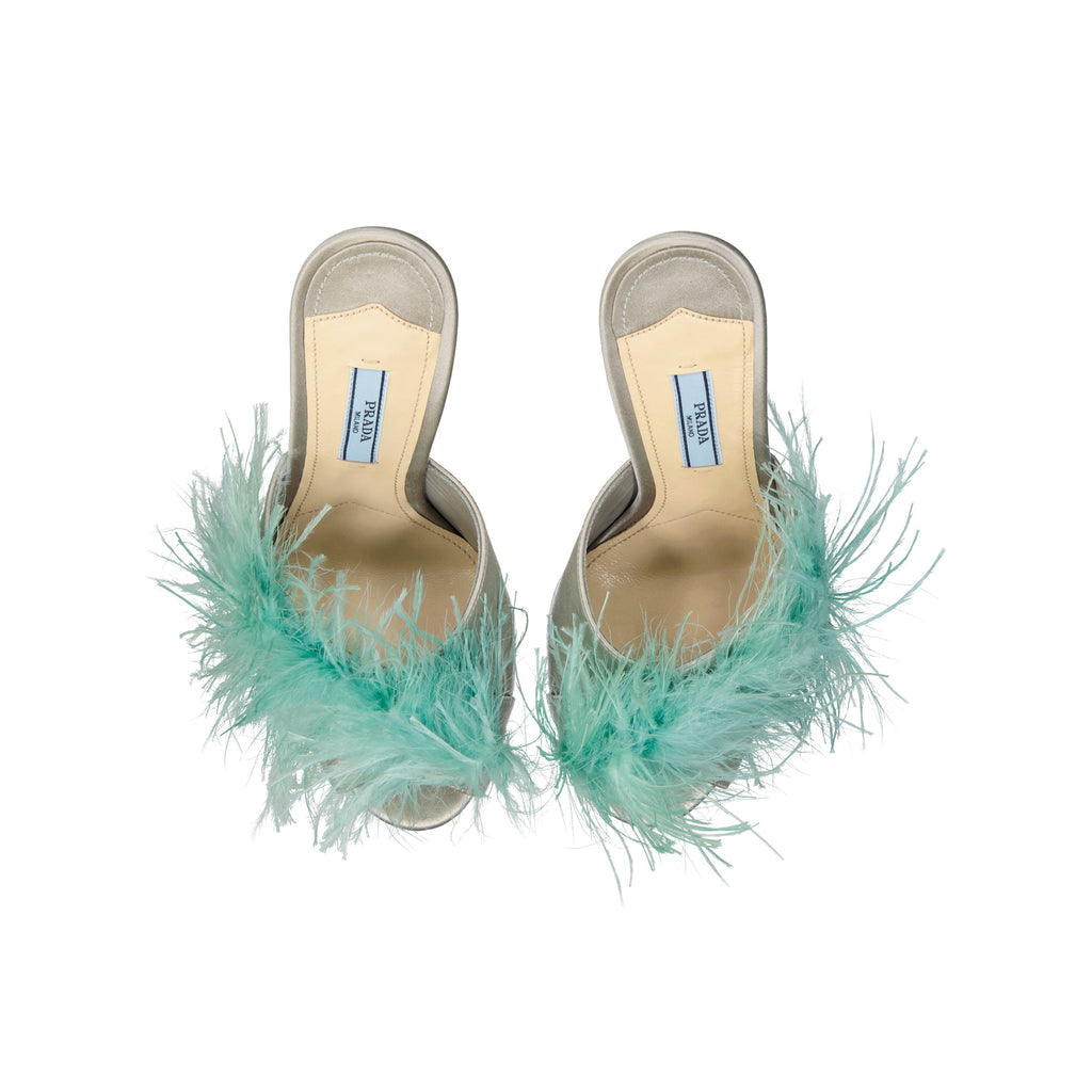 Prada Silk End Feathers Sandals - Beige - Femme