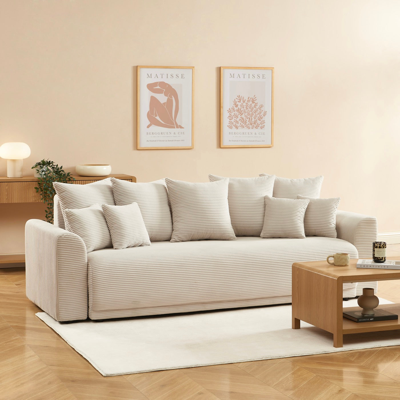 Soline - Canapé Droit 3 Places - Velours Cotêlé Beige