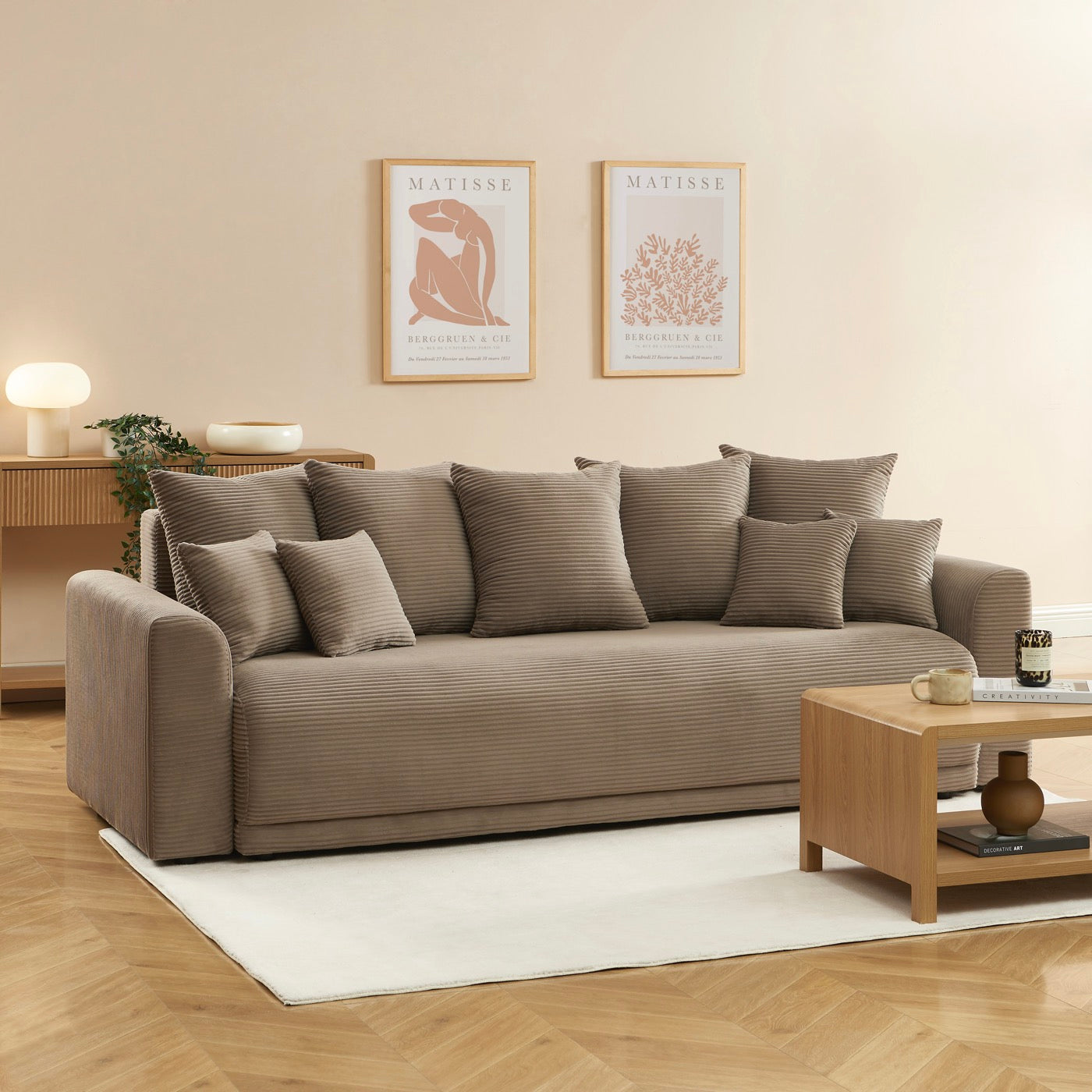 Soline - Canapé Droit 3 Places - Velours Cotêlé Taupe