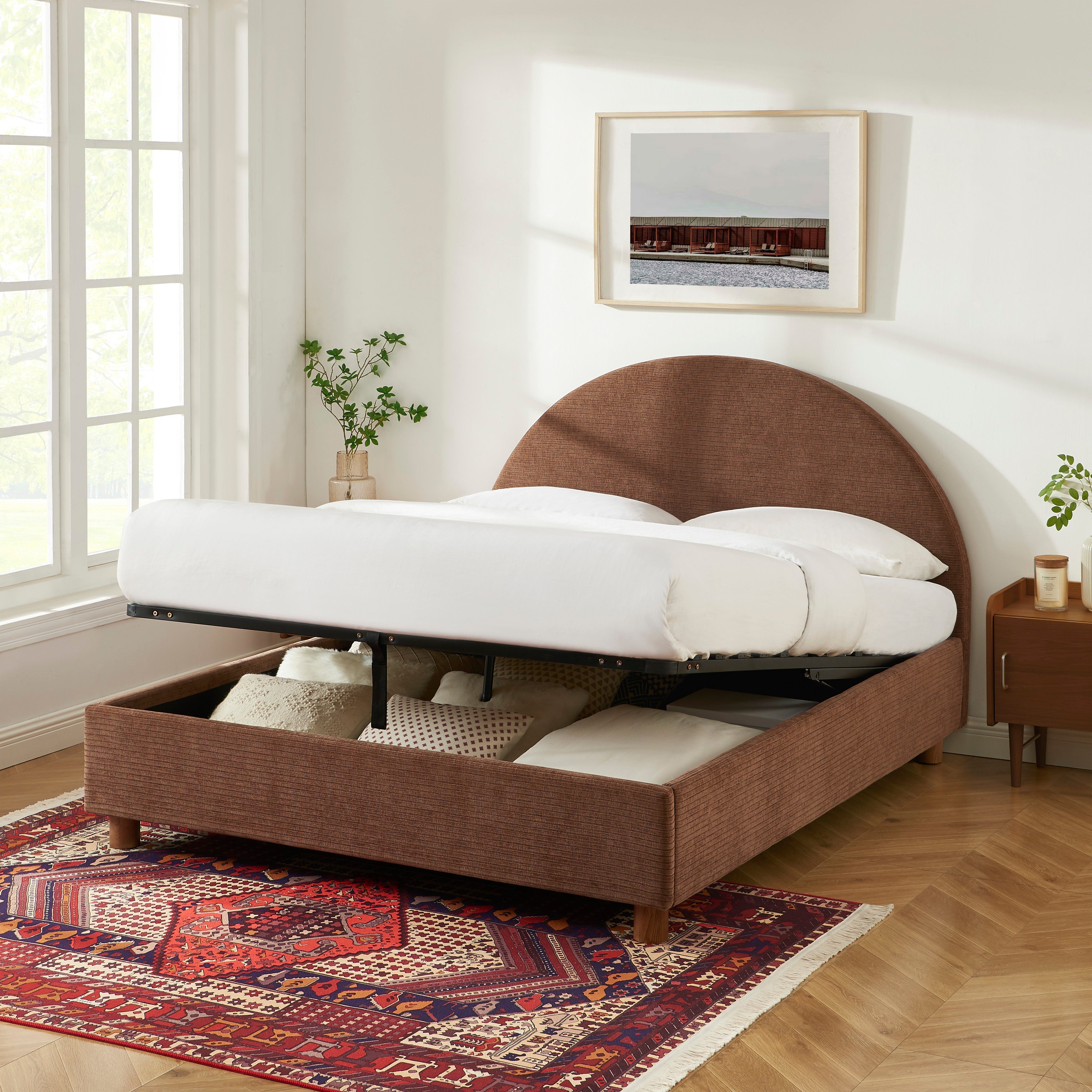 Lit Coffre Taijo - Velours Marron - Sommier Inclus