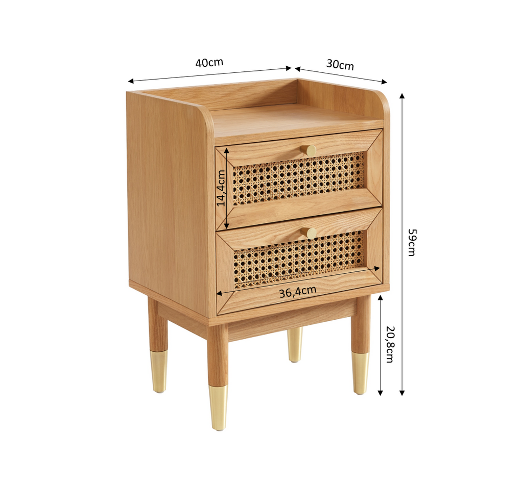 Leon - Table De Chevet - Placage Chêne Et Cannage Rotin
