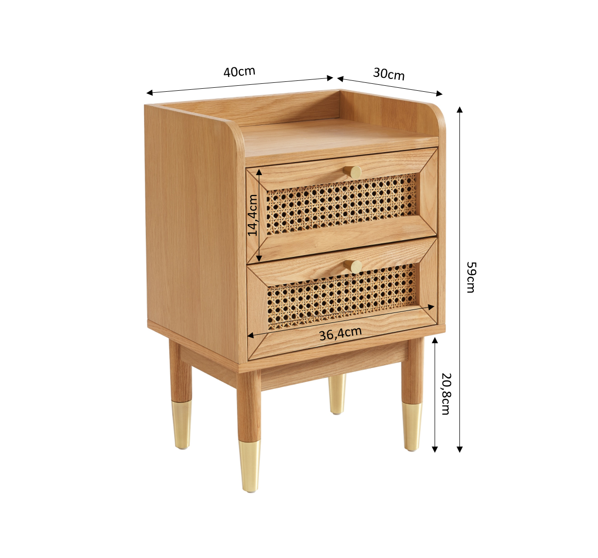 Leon - Table De Chevet - Placage Chêne Et Cannage Rotin