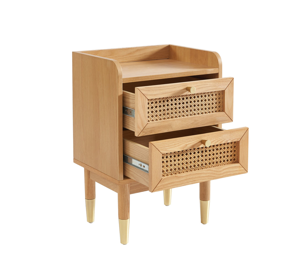 Leon - Table De Chevet - Placage Chêne Et Cannage Rotin