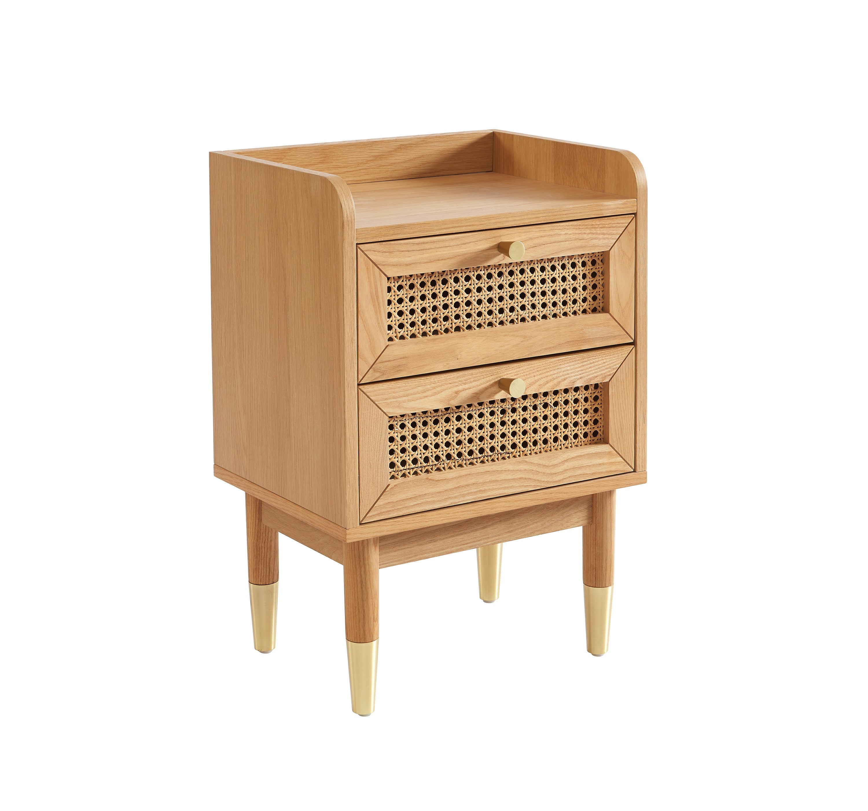 Leon - Table De Chevet - Placage Chêne Et Cannage Rotin