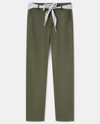 Pantalon pour femme en tissu Tencel kaki, coupe droite et ajustée, avec ceinture nouée rayée pour un style décontracté et élégant, idéal pour l'été.