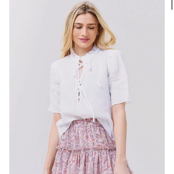 Top Tie Neck Ruffle Popover - Blanc