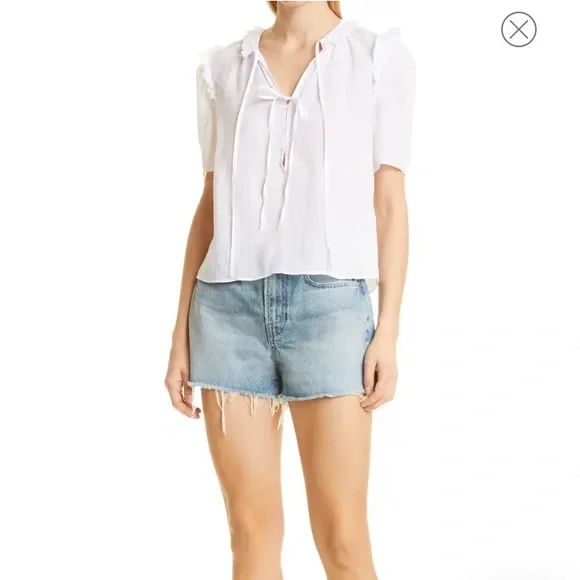 Top Tie Neck Ruffle Popover - Blanc
