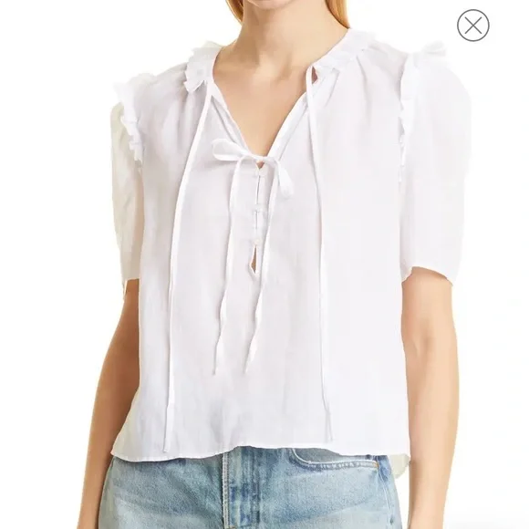 Top Tie Neck Ruffle Popover - Blanc