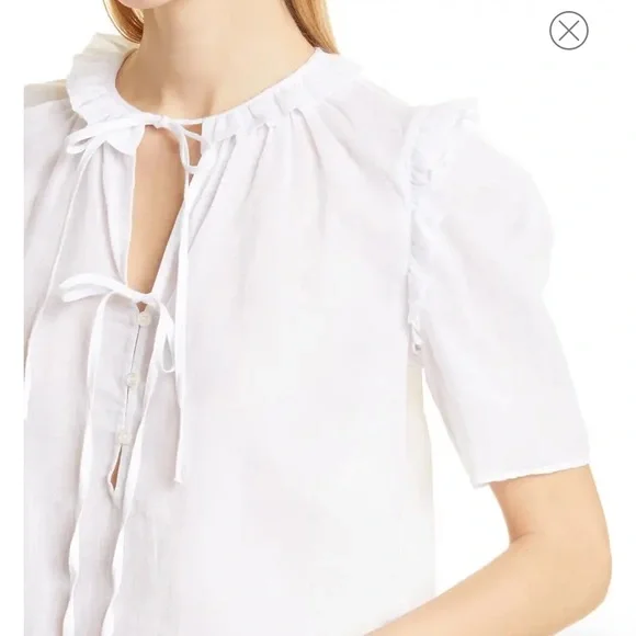 Top Tie Neck Ruffle Popover - Blanc