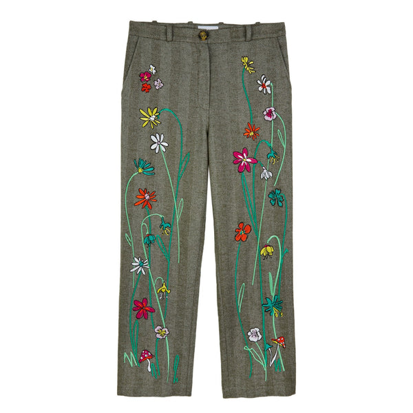 Pantalon Floral Embroidered Herringbone