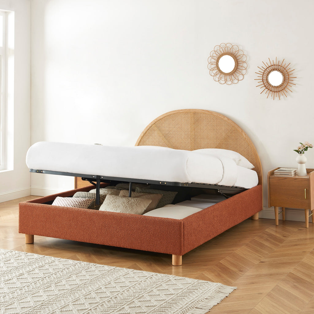 Lit Coffre Tsuki - Bouclette Terracotta Cannage - Sommier Inclus