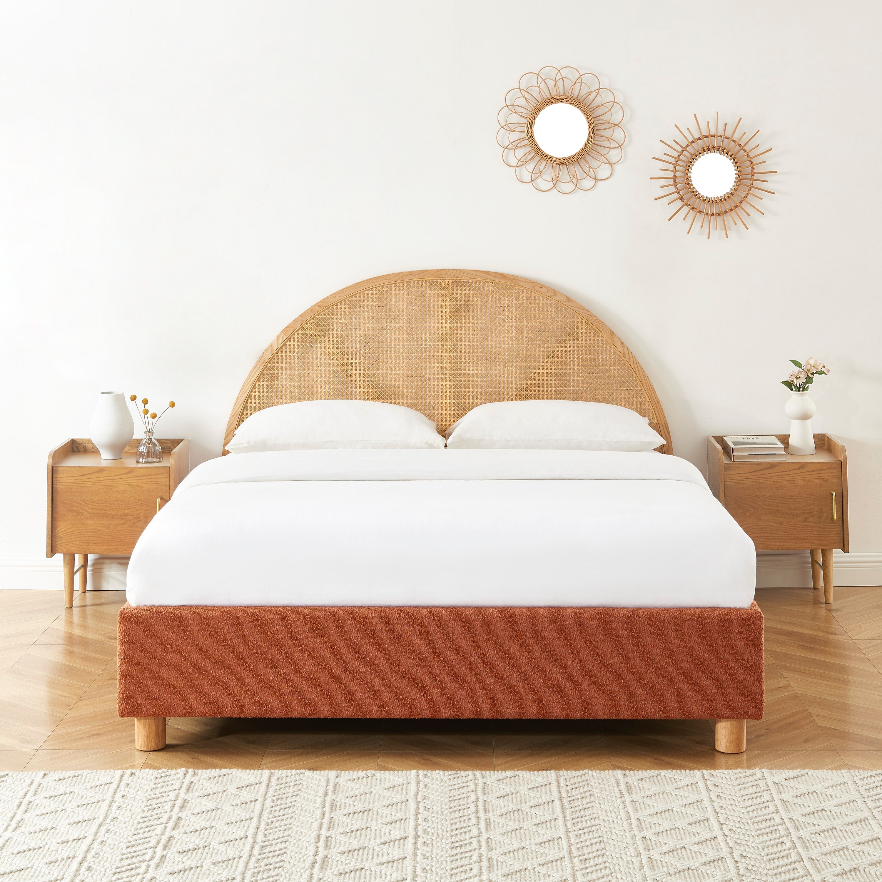 Lit Coffre Tsuki - Bouclette Terracotta Cannage - Sommier Inclus
