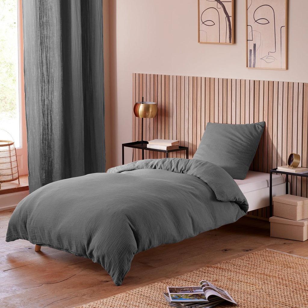 Parure De Couette (Housse + Taies D'Oreiller) - 100% Gaze De Coton - Ardoise
