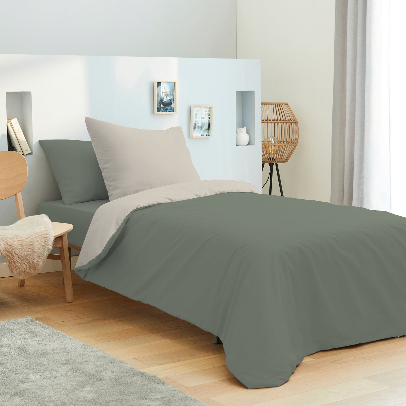 Pack Housse De Couette - Coton Bicolore - Eucalyptus/Ficelle