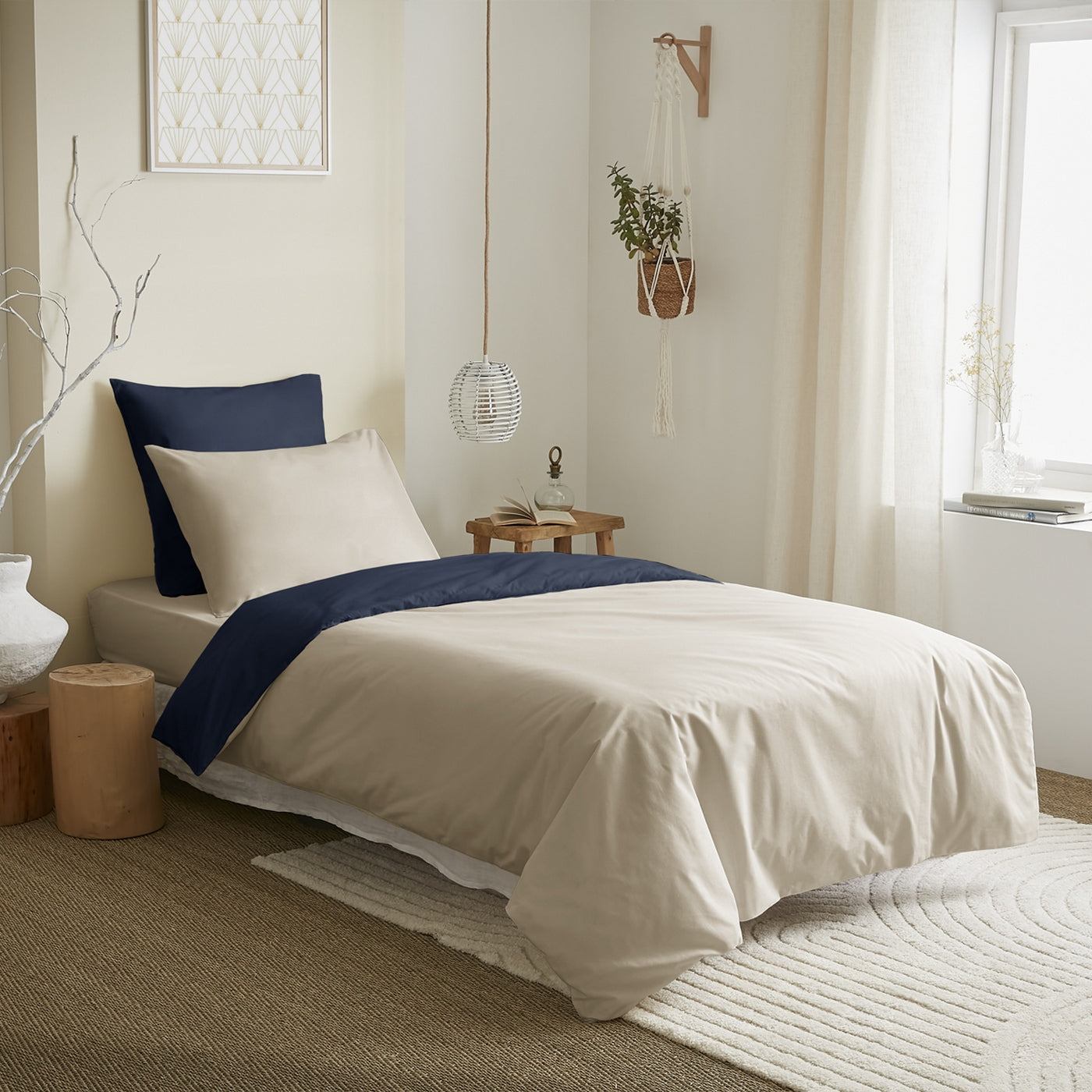 Pack Housse De Couette 4 Pièces - 100% Coton - Lin/Marine
