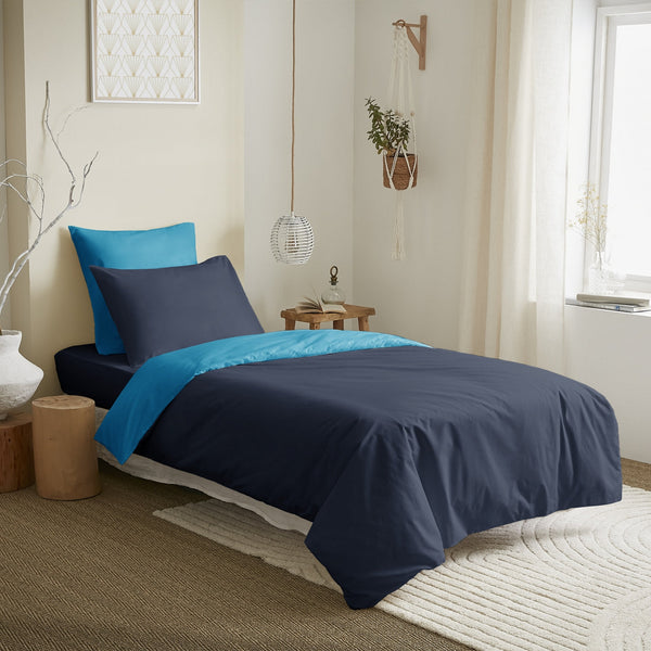 Pack Housse De Couette - 100% Coton - Marine/Turquoise