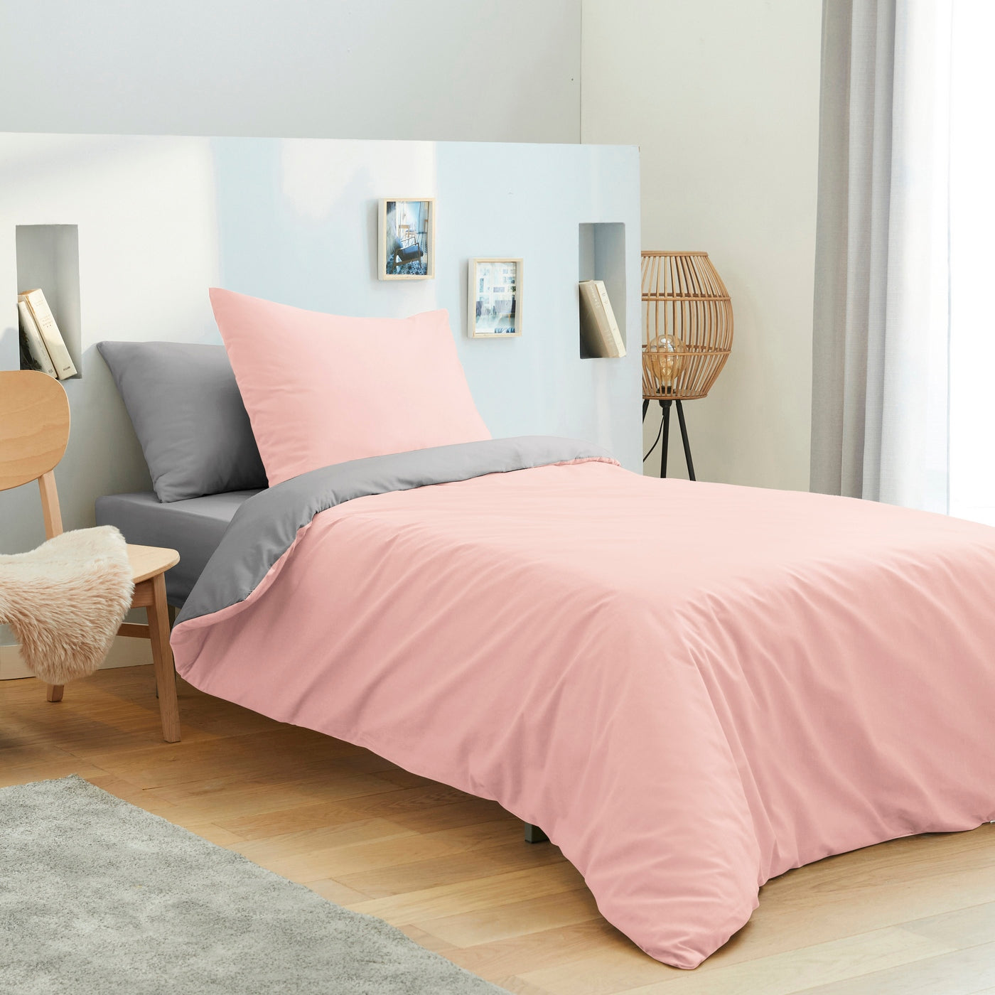 Pack Housse De Couette - 100% Coton - Rose/Gris