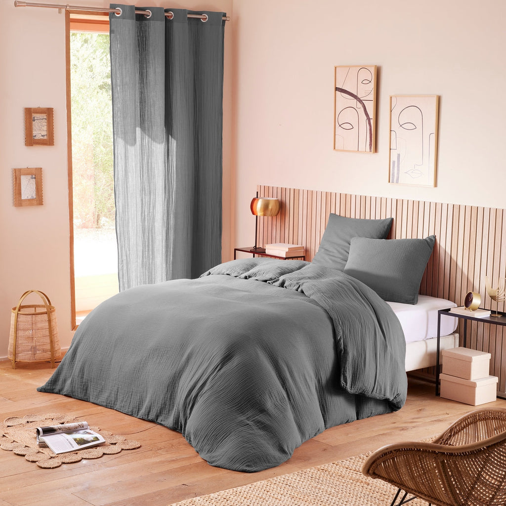 Pack Complet (Housse De Couette + Taie(s) + Drap Housse) - Gaze De Coton - Ardoise