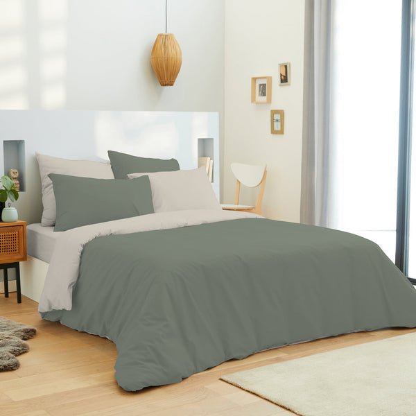 Pack Housse De Couette - Coton Bicolore - Eucalyptus/Ficelle