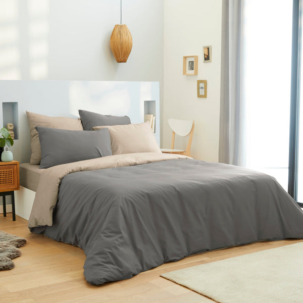 Pack Housse De Couette - Coton Bicolore - Taupe/Lin
