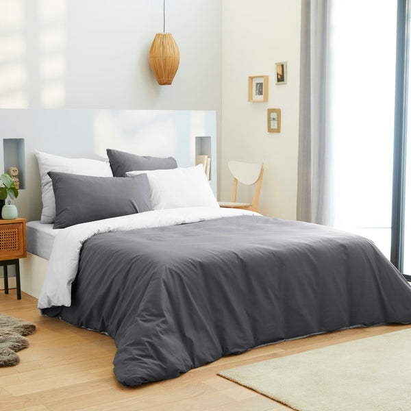 Pack Housse De Couette - Coton Bicolore - Gris/Anthracite