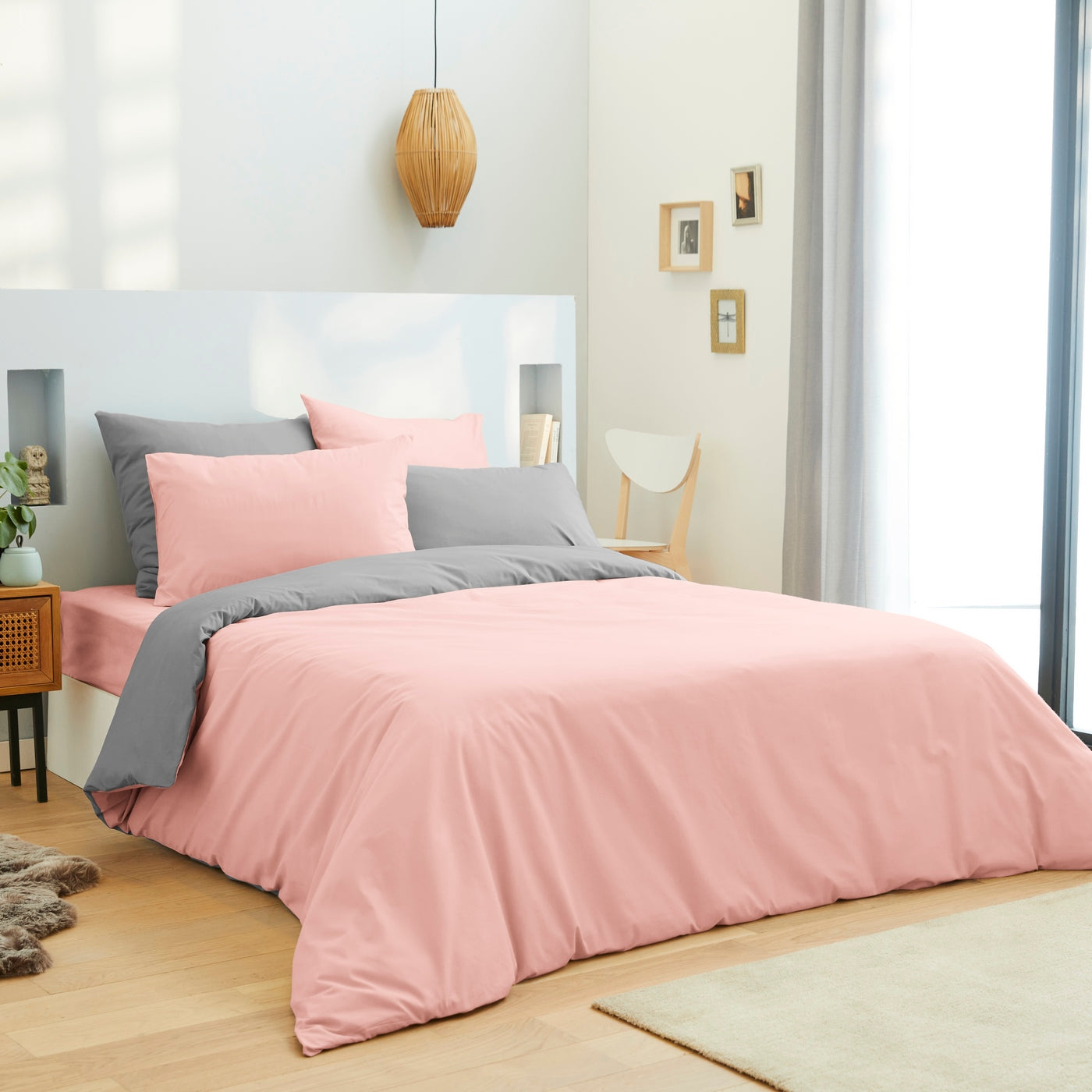 Pack Housse De Couette - 100% Coton - Rose/Gris