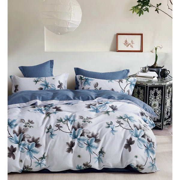 Parure De Couette "Imprimé Double Face" + 2 Taies D'Oreiller Volant Plat Piqué - 100% Percale Pur Coton Peigné 80 Fils/Cm152 - Bleu