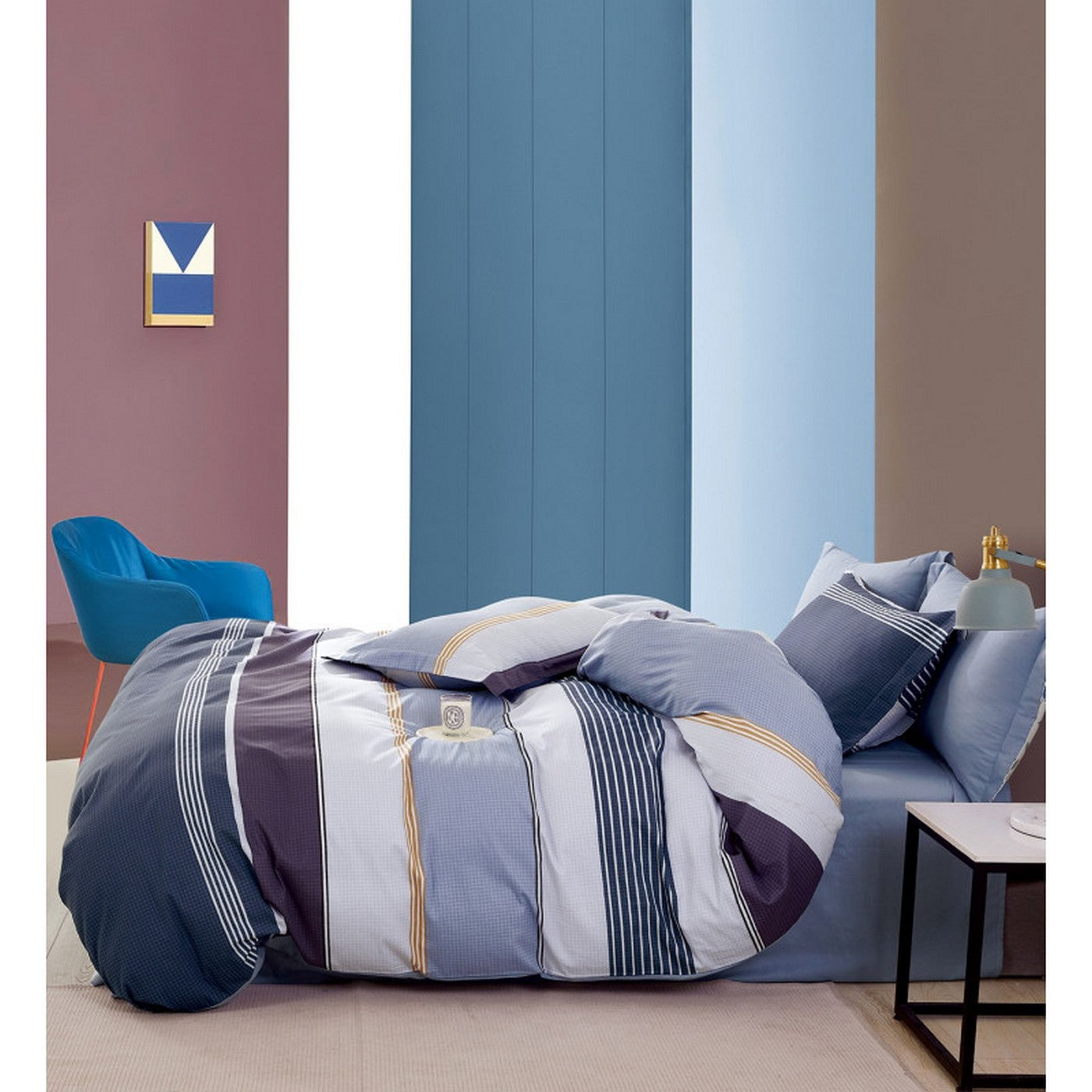 Parure De Couette "Imprimé Double Face" + 2 Taies D'Oreiller Volant Plat Piqué - 100% Percale Pur Coton Peigné 80 Fils/Cm152 - Multicolor