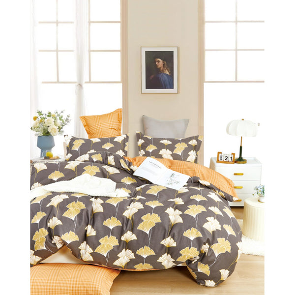 Parure De Couette "Imprimé Double Face" + 2 Taies D'Oreiller Volant Plat Piqué - 100% Percale Pur Coton Peigné 80 Fils/Cm152 - Ginkgo