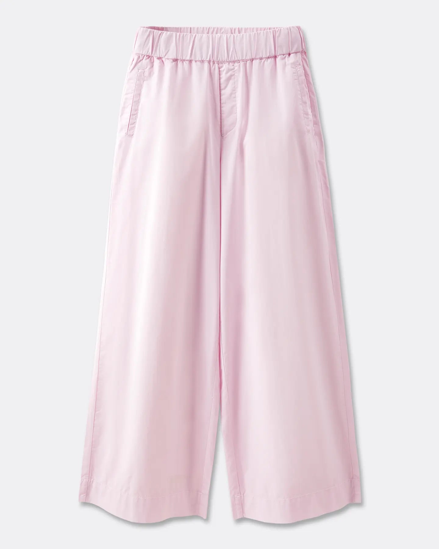 Pantalon femme en popeline légère rose pâle, coupe large et fluide avec taille élastique pour un confort optimal, idéal pour l'été.