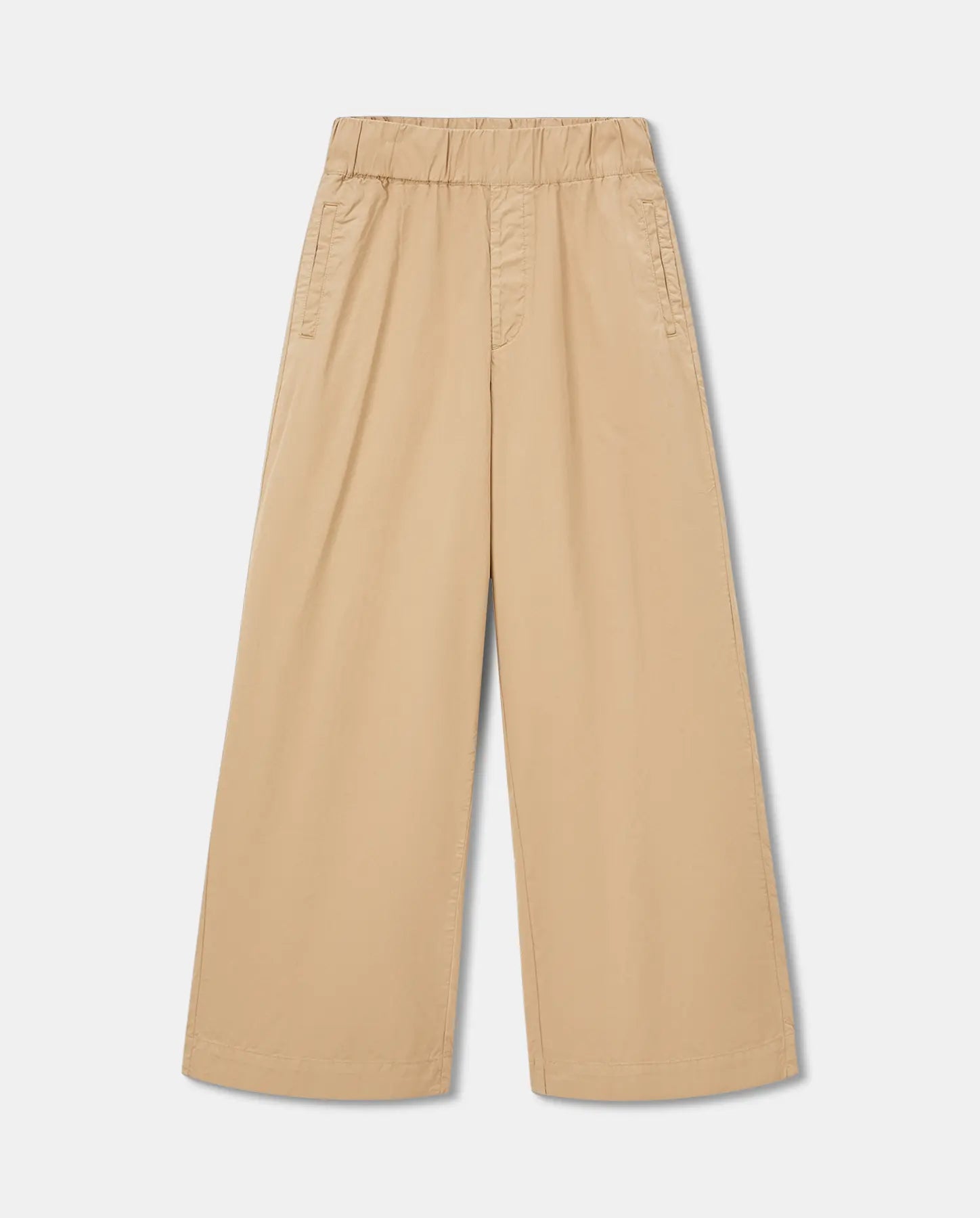 Pantalon large en popeline couleur praline, coupe fluide avec taille élastiquée, adapté à toutes les morphologies pour un maintien confortable et élégant.