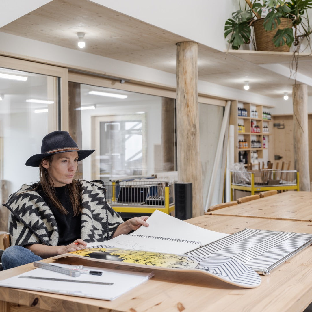 swiss artist claudia comte in her artist studio with her THE SKATEROOM skate art edition