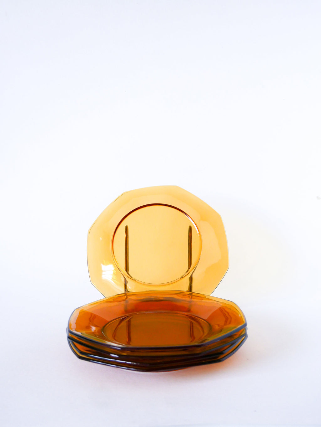 Lot De 6 Assiettes À Dessert Octogonales En Verre Ambré, Made In France, 1970