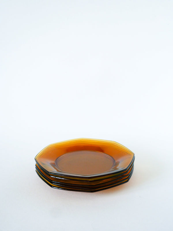 Lot De 6 Assiettes À Dessert Octogonales En Verre Ambré, Made In France, 1970