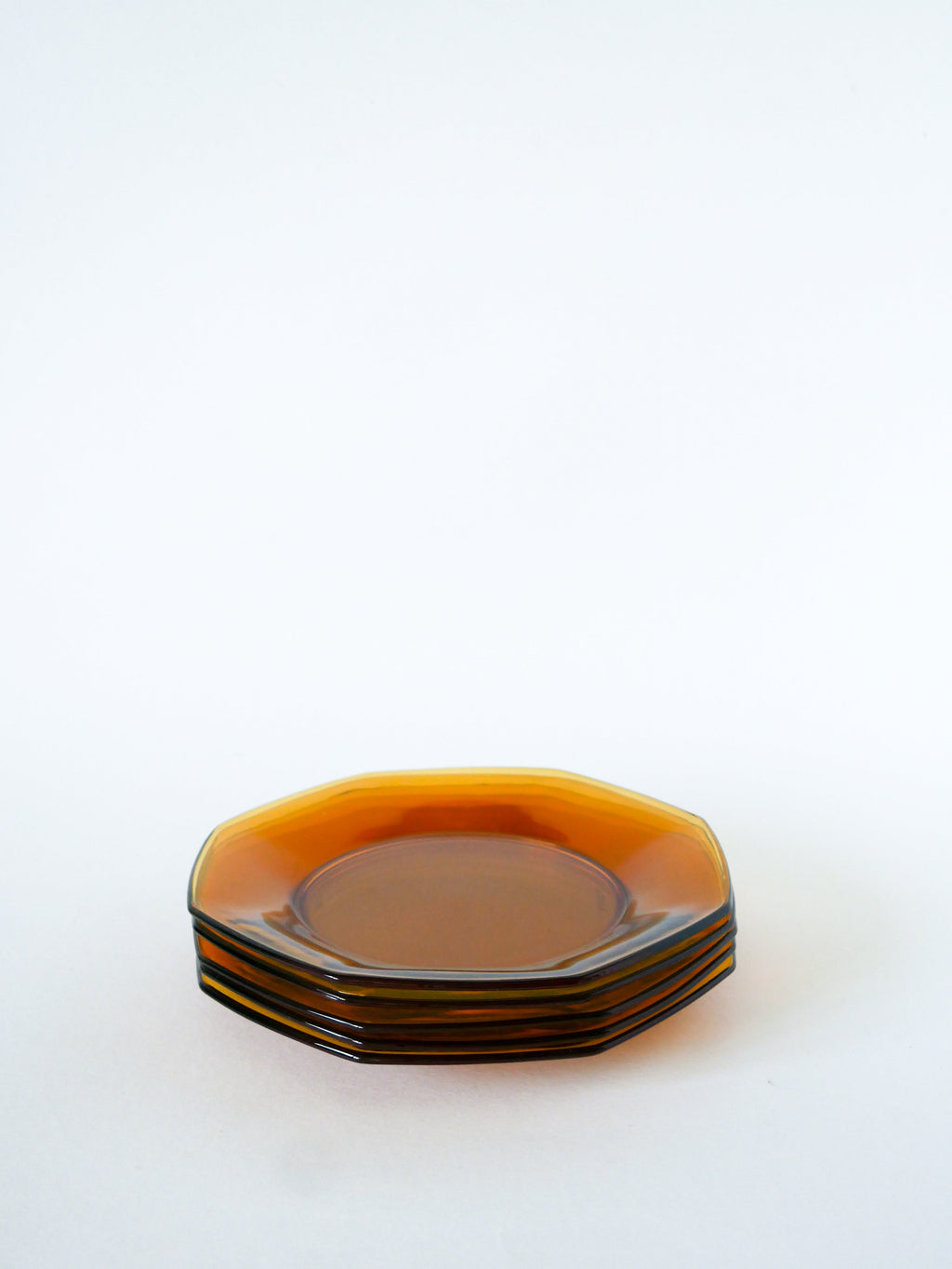 Lot De 6 Assiettes À Dessert Octogonales En Verre Ambré, Made In France, 1970