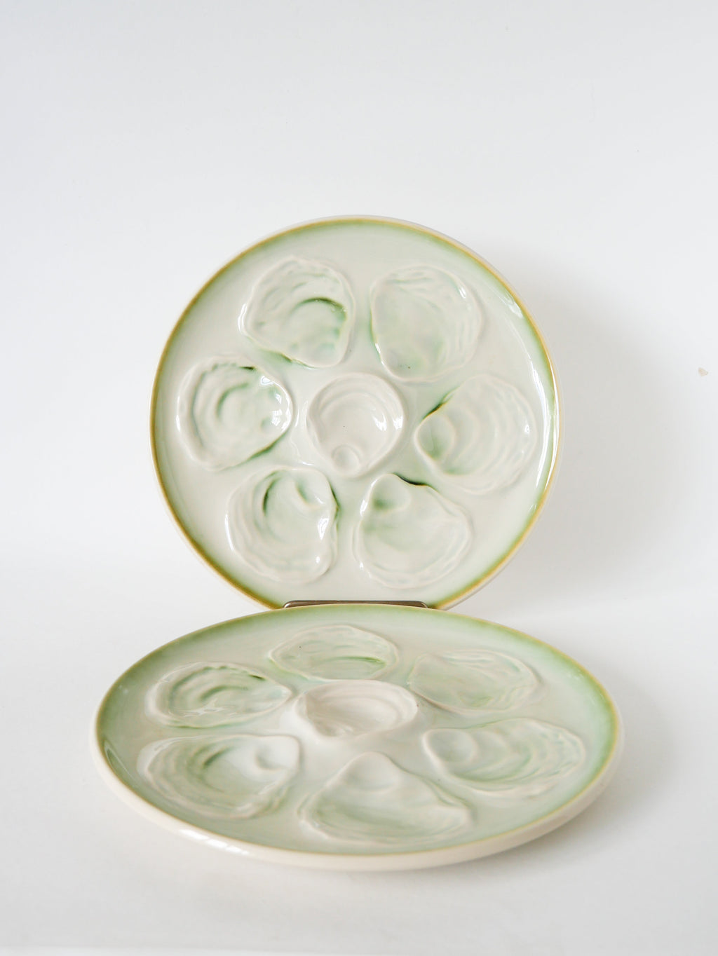 Paire D'Assiettes À Huîtres En Barbotine, Bleu & Vert, 1960