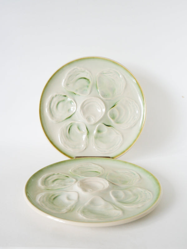 Paire D'Assiettes À Huîtres En Barbotine, Bleu & Vert, 1960