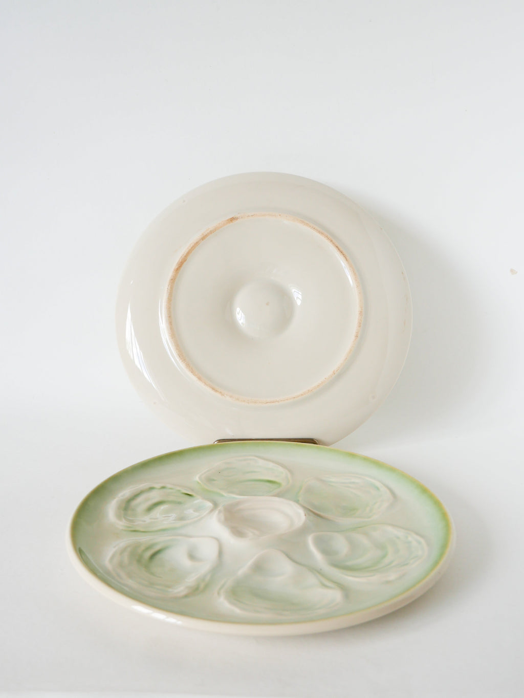 Paire D'Assiettes À Huîtres En Barbotine, Bleu & Vert, 1960