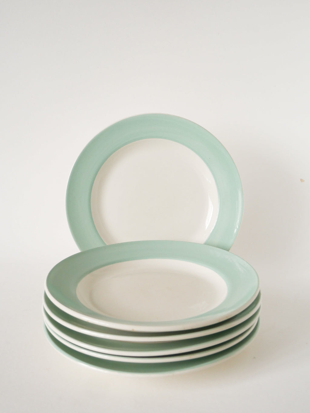 Lot De 6 Grandes Assiettes Plates À Liseré, Vert Menthe, 1960