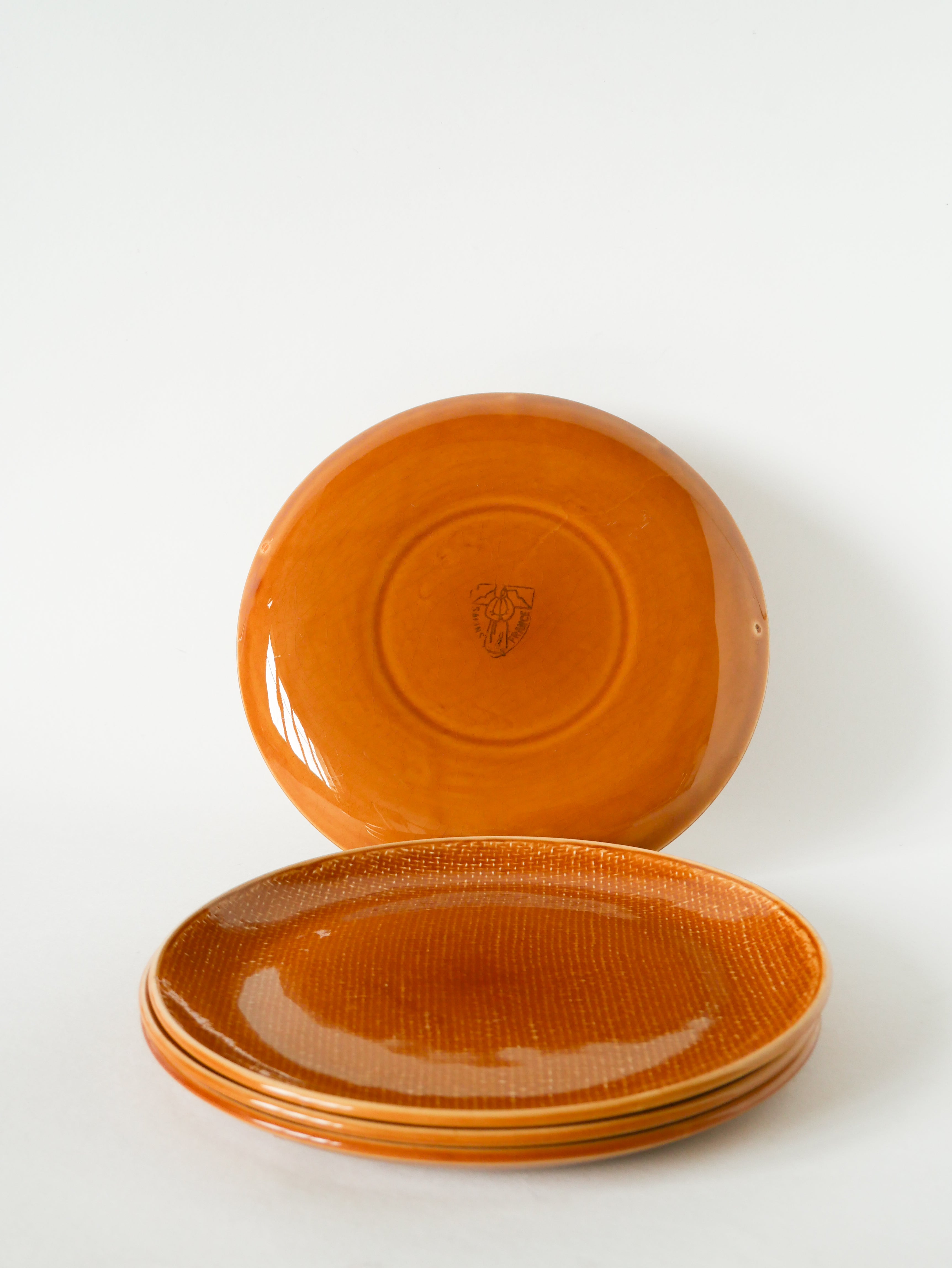 Lot De 4 Assiettes Plates, Effet Tissé, Jaune Moutarde, Salins, 1950
