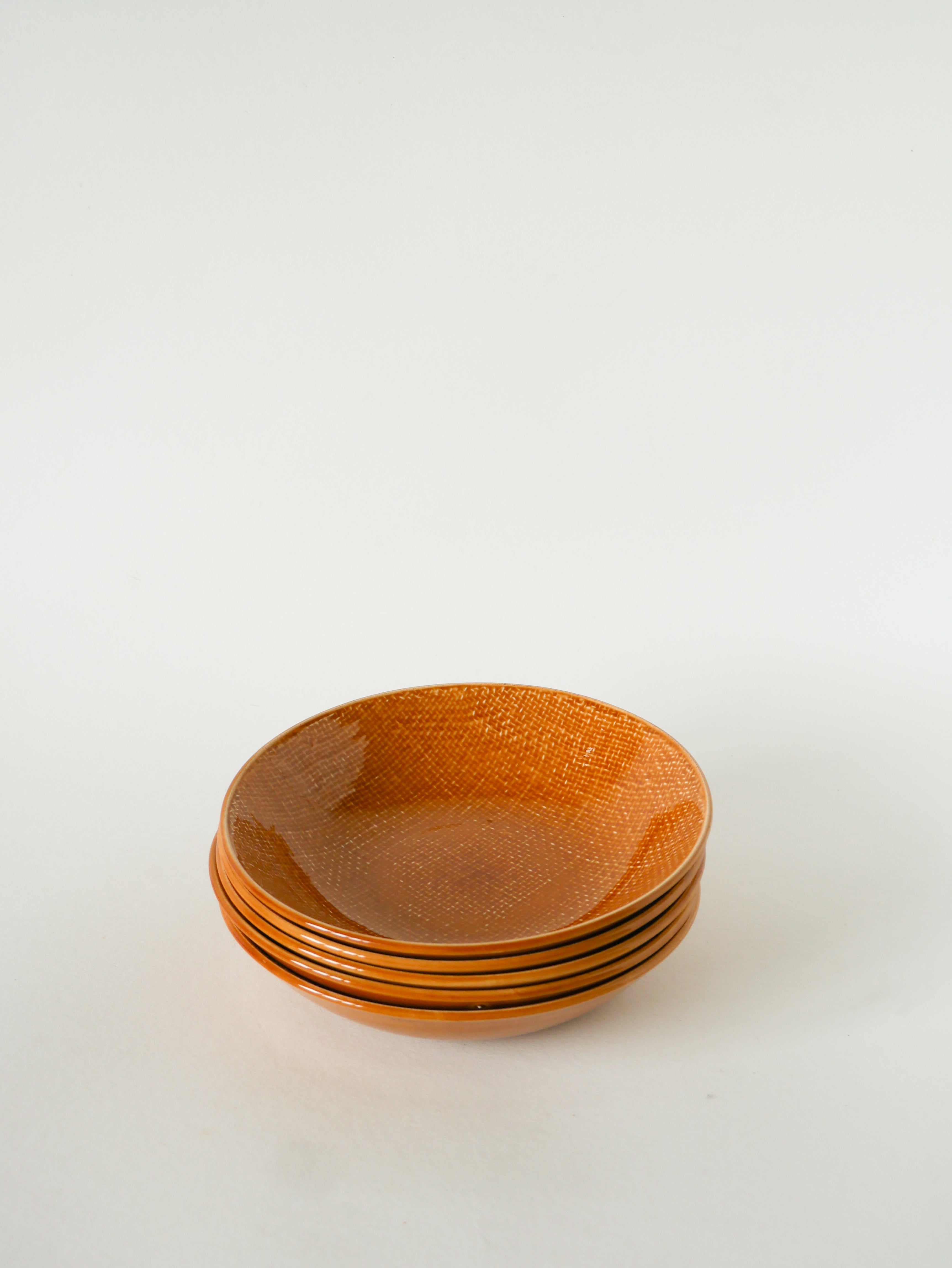 Lot De 5 Assiettes Creuses, Effet Tissé, Jaune Moutarde, Salins, 1950