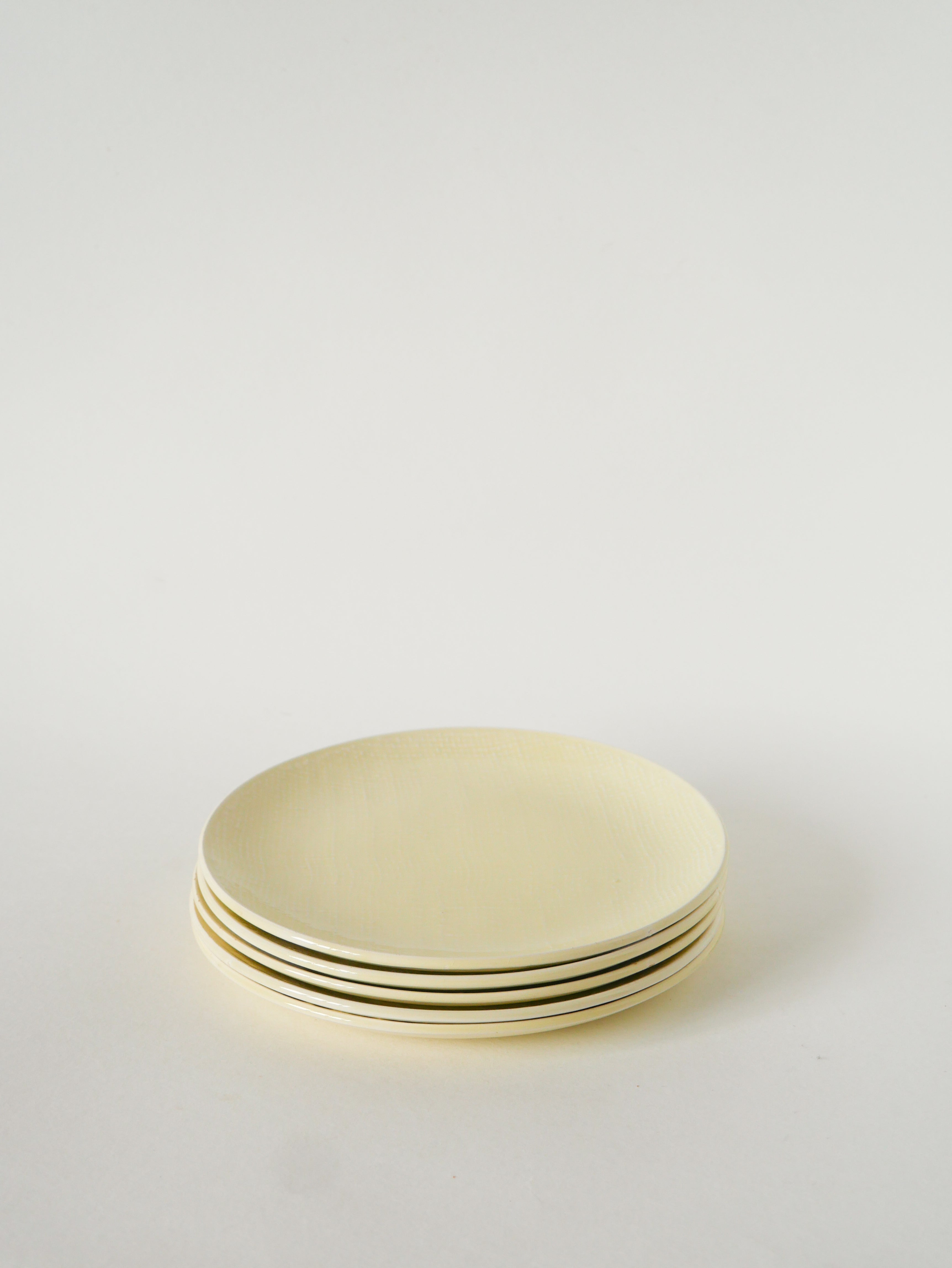 Lot De 5 Assiettes À Dessert, Effet Tissé, Jaune Beurre, Salins, 1950