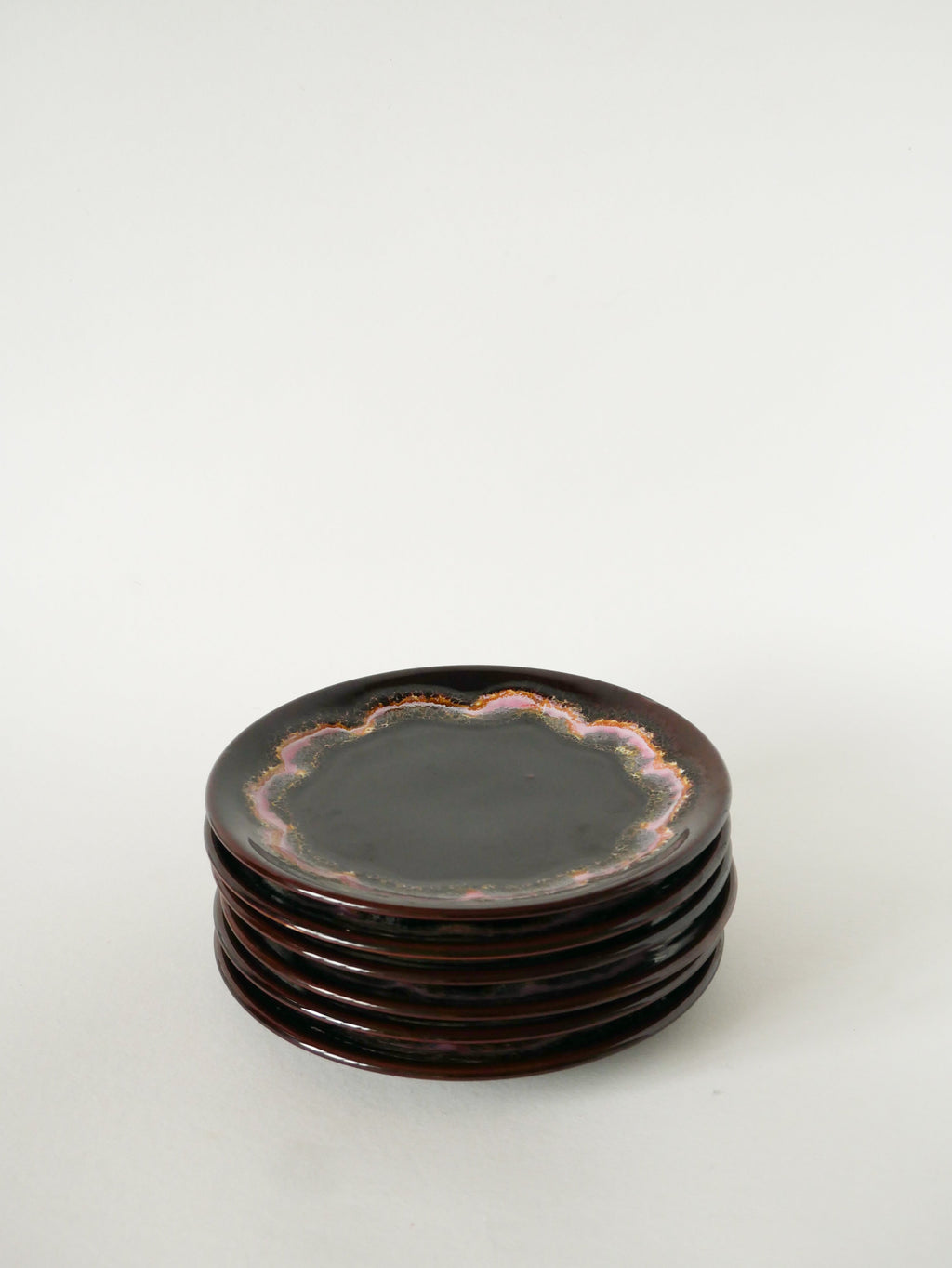Lot De 6 Assiettes À Dessert En Céramique, Marron Et Rose, Vallauris, 1970