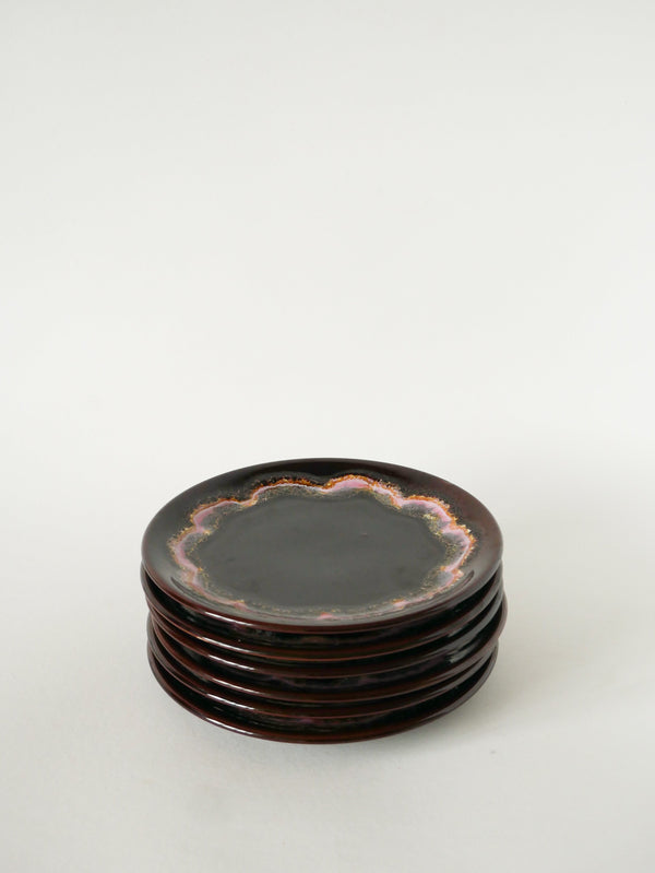 Lot De 6 Assiettes À Dessert En Céramique, Marron Et Rose, Vallauris, 1970