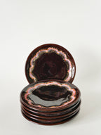 Lot De 6 Assiettes À Dessert En Céramique, Marron Et Rose, Vallauris, 1970