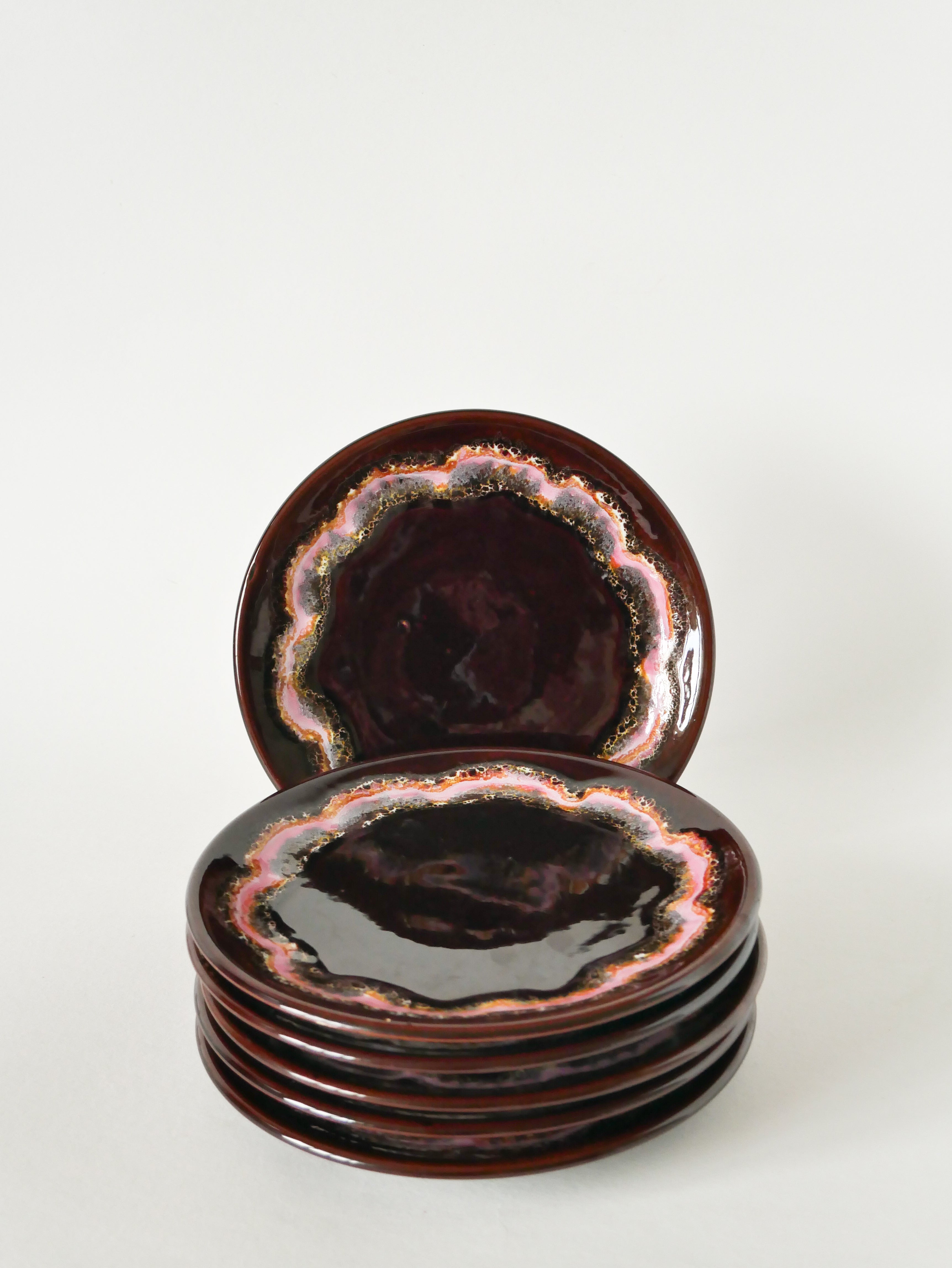 Lot De 6 Assiettes À Dessert En Céramique, Marron Et Rose, Vallauris, 1970