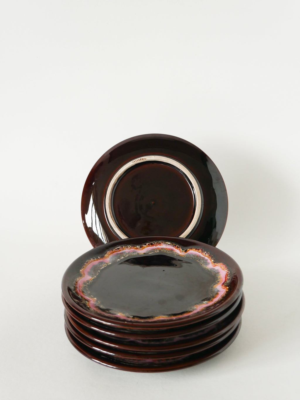 Lot De 6 Assiettes À Dessert En Céramique, Marron Et Rose, Vallauris, 1970