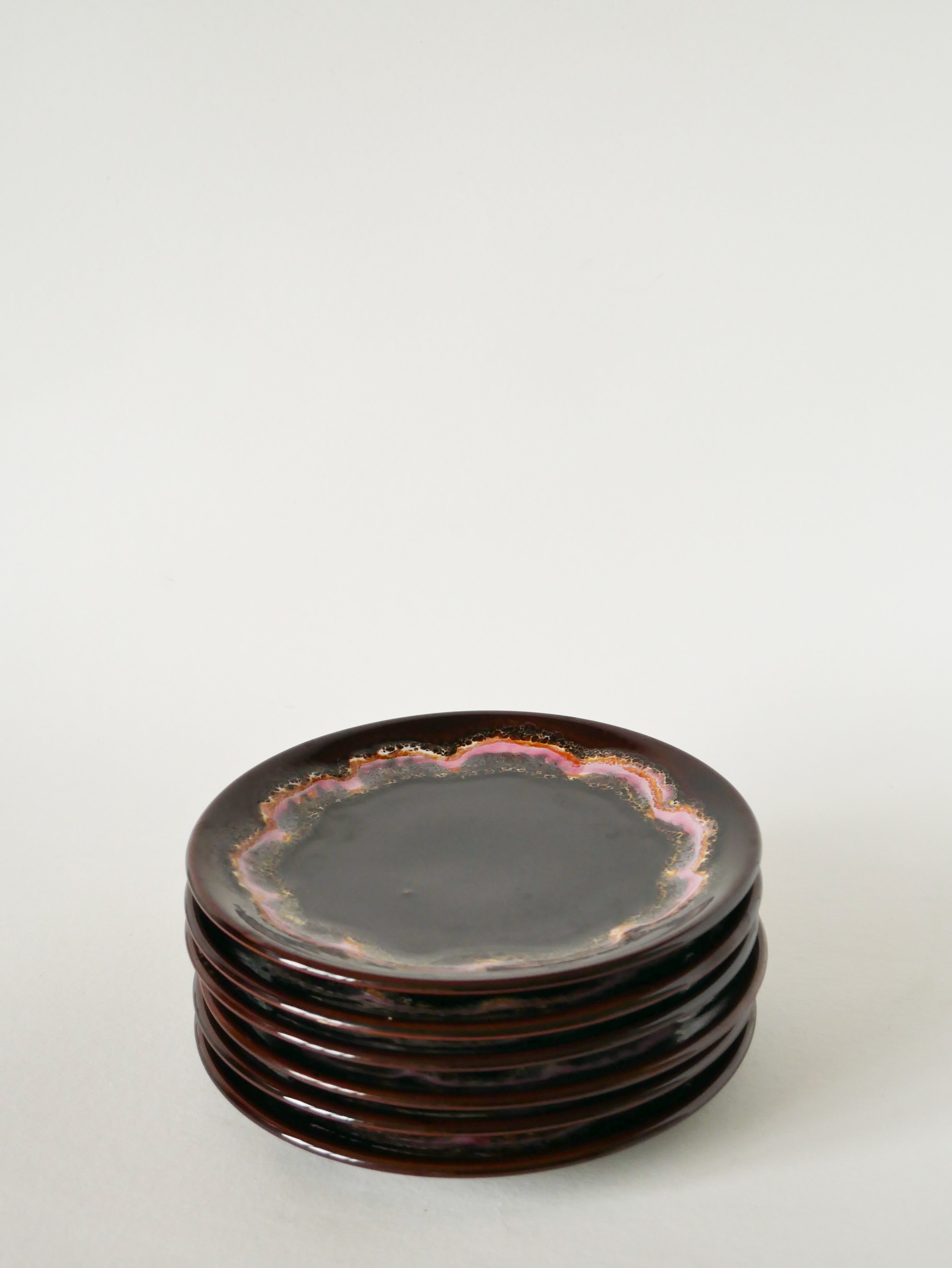 Lot De 6 Assiettes À Dessert En Céramique, Marron Et Rose, Vallauris, 1970
