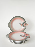Lot De 6 Assiettes Plates En Barbotine, Forme Poisson, Rose Et Gris, 1960